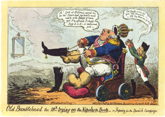 Old Bumblehead the 18th trying on Napoleon Boots 1823 Cruikshank - Old Bumblehead.png