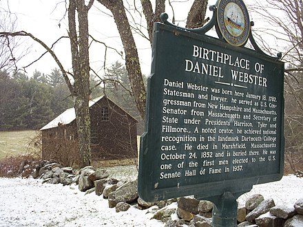 New Hampshire historical marker (number 91) at his birthplace in present-day Franklin, New Hampshire