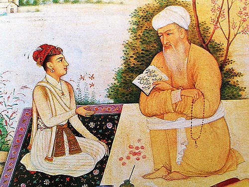 Detail from an Indian miniature depicting the Mughal prince Dara Shikoh (d. 1659) seeking the advice of a local saint named Mian Mir (d. 1635), undated but perhaps from the late seventeenth-century