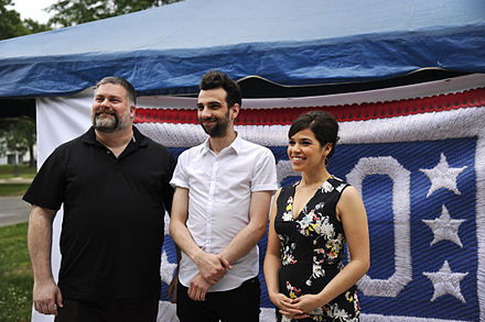 Dean DeBlois, Jay Baruchel, and America Ferrara at an advanced screening of the film for military members and their families on June 4, 2014, at Joint Base McGuire–Dix–Lakehurst.[25]