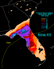 Una mappa che mostra i totali delle precipitazioni prodotte negli Stati Uniti sudorientali da un ciclone tropicale disorganizzato