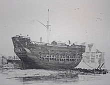 The beached convict ship HMS Discovery at Deptford. Launched as a 10-gun sloop at Rotherhithe in 1789, the ship served as a convict hulk from 1818 until scrapped in February 1834. Discovery at Deptford.jpg