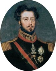 Half-length painted portrait of a brown-haired man with mustache and beard, wearing a uniform with gold epaulettes and the Order of the Golden Fleece on a red ribbon around his neck and a striped sash of office across his chest