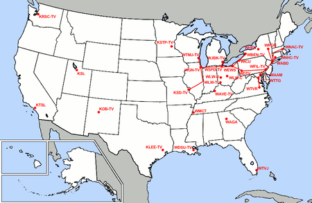 The DuMont Television Network in 1949. DuMont's network of stations stretched from Boston to St. Louis. These stations were linked together via AT&T's coaxial cable feed, allowing the network to broadcast live television programming to all the stations at the same time. Stations not yet connected received kinescope recordings via physical delivery. DuMont Affiliates 1949.png