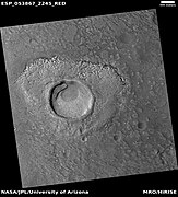 Impact crater that may have formed in ice-rich ground, as seen by HiRISE under HiWish program Location is the Ismenius Lacus quadrangle.