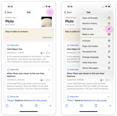 Dva snímky obrazovky. Vlevo je diskusní stránka pro Pluto se zvýrazněnou rozbalovací nabídkou vlevo nahoře. Vpravo je otevřená nabídka a je zvýrazněna možnost "Upravit zdroj".