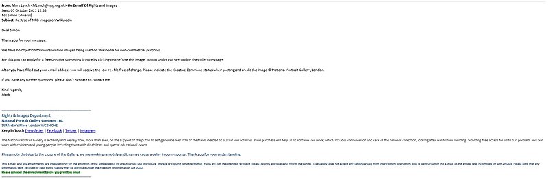 File:Email from National Portrait Gallery confirming that their images can be used on Wikipedia.jpg