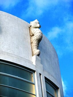 One of Eric Gill's two seahorses above the entrance to the Midland Hotel. Eric Gill seahorse-Midland Hotel Morecombe.JPG