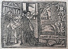 1741 woodcut illustrating the examination and burning of Don Quixote's library. Escrutinio cura barbero.jpg