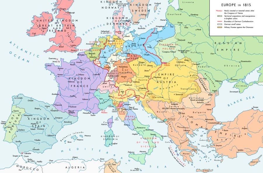 The national boundaries within Europe agreed upon by the Congress of Vienna