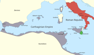 A map of the western Mediterranean showing the territory controlled by Carthage and Rome at the start of the First Punic War.