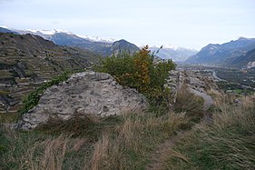 Kleine Steinmauer mitten im hohen Gras.