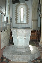 St Olave's font is Decorated Gothic and was made in the 14th century Fritwell StOlave 30193.JPG
