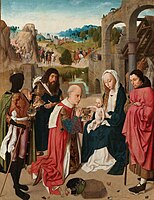 Adoration of the Magi . Circa 1480-1485. oil on panelmedium QS:P186,Q296955;P186,Q106857709,P518,Q861259. 91.6 × 71.8 cm (36 × 28.2 in). Amsterdam, Rijksmuseum Amsterdam.