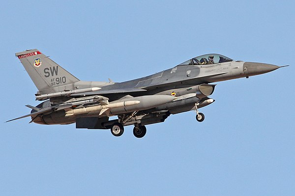 A General Dynamics F-16 Fighting Falcon of the 77th Fighter Squadron, part of the 20th Fighter Wing based at Shaw AFB