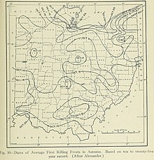 Map of average first killing frost in Ohio from "Geography of Ohio," 1923 Geography of Ohio - DPLA - aaba7b3295ff6973b6fd1e23e33cde14 (page 31) (cropped).jpg