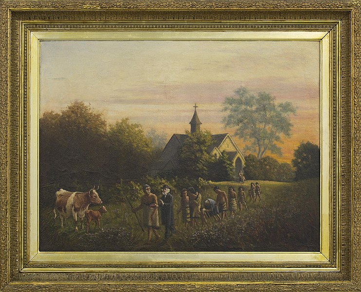File:George Sherriff - Untitled (Procession with Rev Richard Taylor, Hoani Wiremu Hipango and his family walking by the third Putiki Mission Station church) - Sarjeant Gallery.jpg