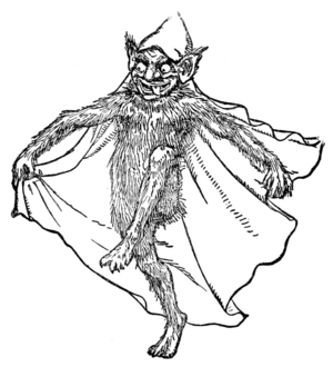 An illustration of a small, hairy mischievous-looking humanoid creature with large, bat-like ears wearing a hooded cloak.