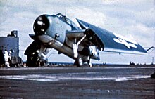 A Grumman TBM (GM-built TBF) with Sto-Wing folding wings TBM on USS Randolph 1945.jpg