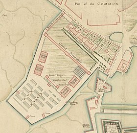 The 'Gun Wharfe' (Old Gun Wharf) in 1750, from a map drawn by J. P. Desmaretz. Gunwharfe, Portsmouth (Plan, 1750).jpg