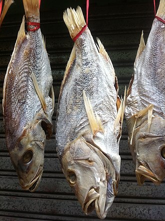 Salted dried fish sold on a Hong Kong street HK Sheung Wan Li Sheng Jie Li Sing Street Gua Xian Yu Hanging 3 dried fishes July-2011.jpg