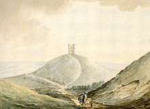 "Tower on Pen Hill", 1792 watercolour (from 1789 sketch) by Rev. John Swete (died 1821). View from south; one of the earliest surviving images of the Haldon Belvedere HaldonBelvedere Devon ByRevJohnSwete 1792.PNG