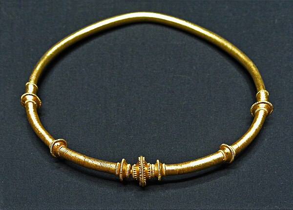 Neck ring with plug clasp from the Vandalic Treasure of Osztrópataka displayed at the Kunsthistorisches Museum in Vienna, Austria.