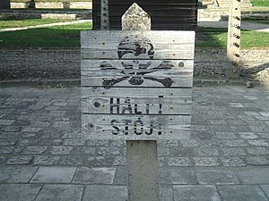 Halt/Stop sign at Auschwitz concentration camp, Poland