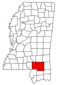 Map of Mississippi highlighting the Hattiesburg metropolitan area. Hattiesburg MSA.png