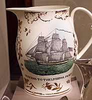 Jug 1880-05 "Success to the Liverpool Packet", which flies an American flag. Inscribed "presentation" wares for ships were a speciality of Liverpool potters.