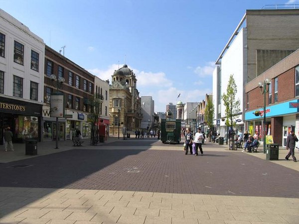 High Road Ilford with Waterstones bookshop in the foreground on the left and the town hall in the background