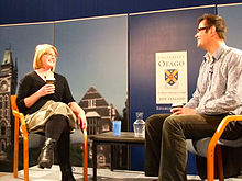 Walker talking to Bryce Edwards at University of Otago Vote Chat in 2011 Holly Walker votechat.jpg