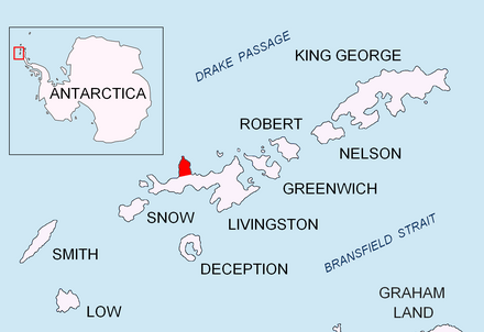 Location of Ioannes Paulus II Peninsula on Livingston Island in the South Shetland Islands. Ioannes-Paulus-II-Peninsula-location-map.PNG