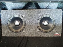 Two 10 inch JL Audio sub-woofers. Original "W0" series in JL Audio PowerWedge box JLaudiosubwoofers.jpg