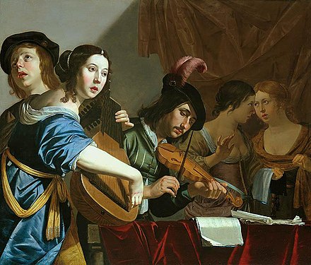 The girl is playing a type of theorbo that combined two ranges of strings with separate peg boxes; the bass strings (longer) went to the straight pegbox that peeks from behind the girl's head.[2] The other lute strings went to the bent pegbox.[2] A similar theorbo is in the Wagner Museum, Lucerne, Switzerland.[2]