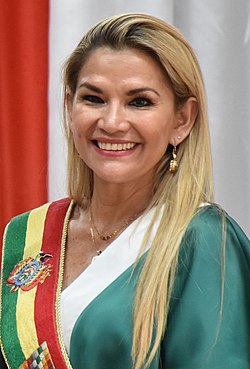 Jeanine Áñez at the 314th Anniversary of Reyes. 6 January 2020, Ministry of Communication, Reyes. Cropped (51907629988).jpg