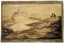 Wartburg mit Mönch und Nonne (Wartburg con un monje y una monja) pintado por Goethe. Obra datada el 14 de diciembre de 1807.