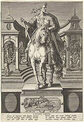 Julius Caesar (engraved c. 1587 - c. 1589) Julius Caesar te paard C. Ivlivs Caesar (titel op object) Romeinse keizers te paard (serietitel) Imperatorvm XII. A svetonio descriptorvm effigies resqve gestae (serietitel), RP-P-1963-135.jpg