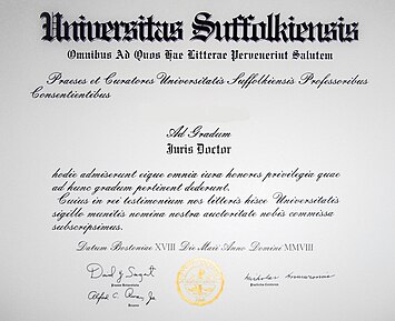 A Juris Doctor degree from Suffolk University Law School in Boston, Massachusetts Juris Doctor diploma.jpg