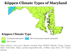 Koppen climate types of Maryland, using 1991-2020 climate normals Koppen Climate Types Maryland.png