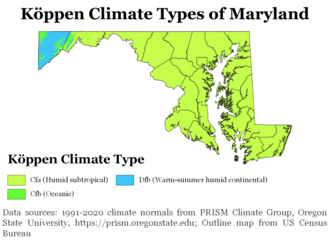 Koppen climate types of Maryland, using 1991-2020 climate normals. Koppen Climate Types Maryland.png