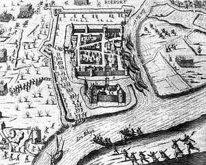 Kasteel and the fortified Ruhrort on the Rhine and the Ruhr (1587)