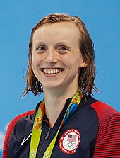 Katie Ledecky set the Olympic records in the 400 and 800 m freestyle in 2016. Katie Ledecky Olympics 2016b.jpg