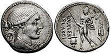 Denarius of Lucius Valerius Flaccus, consul in 100 BC, and later magister equitum to the dictator Sulla. L. Valerius Flaccus (cos. 100BC) denarius.jpg