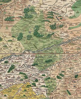 Der Teyspach als Westgrenze des damaligen Landgerichts Dingolfing auf den Landtafeln 11 und 15 von Philipp Apian 1568 (Ausschnitte)