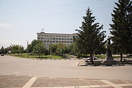 Het stadscentrum met het gemeentegebouw en het militaire monument