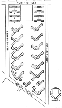 Site plan, prior to partial demolition in 1983. Lockefield Gardens - site plan.png