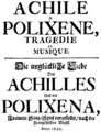 English: Lully, Collasse - Achille et Polixene - title page of the german translation by Postel, Hamburg 1692