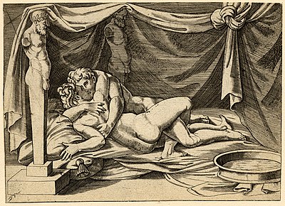 This engraving is thought to have been made by Agostino Veneziano by copying from drawings by Marcantonio Raimondi. These drawings were related to the creation of the I modi a book with engravings of sexual scenes. Engraving paper. British Museum. 1510–1520.