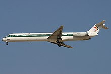 An Aero Asia McDonnell Douglas MD-83 flying at Dubai International Airport in 2005 McDonnell Douglas MD-83 (DC-9-83), Aero Asia AN0757438.jpg